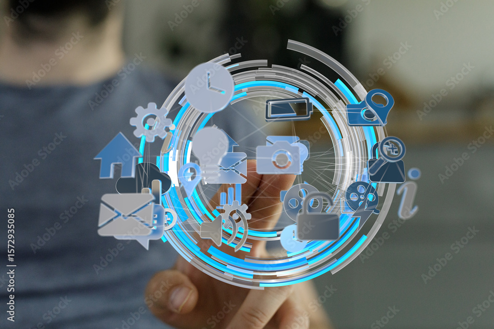 Poster abstract image of a person interacting with a digital interface showing various application icons.