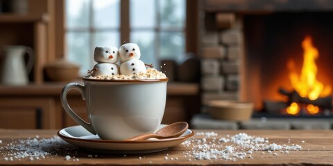 A Cozy Winter Beverage with Miniature Marshmallow Snowmen in a Warm Mug Near a Fireplace