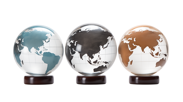 Three colorful globe models showcase diverse geographical regions isolated on transparent background
