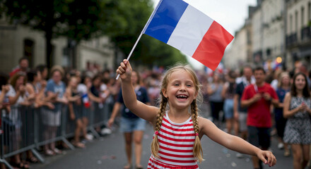 Happy girl waving French flag during festival celebration in street