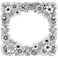 Floral Frame Illustration: A detailed floral frame, beautifully arranged with an array of blossoming flowers and intricate leaf designs, creating an elegant border for various uses.