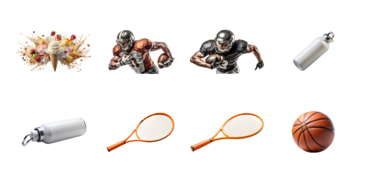 A dynamic mix of ice cream, football, water bottles, tennis, and basketball captures the essence of treats and sports isolated on transparent background - Powered by Adobe