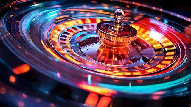 A modern roulette wheel spinning with vibrant neon light trails in a blur of motion. Luck, risk, chance, fortune. High stakes gaming. Ideal for casino promotions, online gambling.