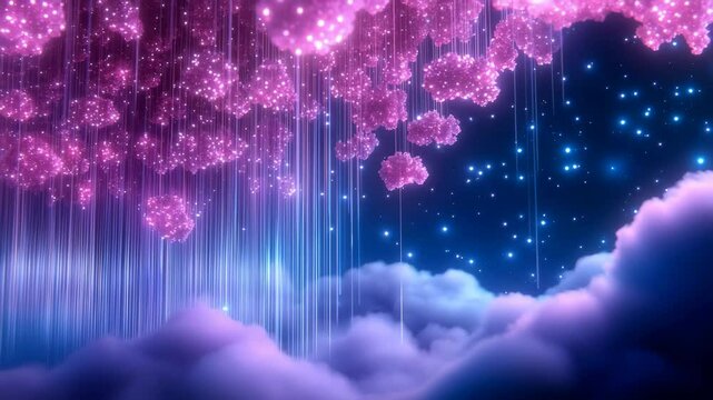 Magical pink blossoms raining light from a starry sky above dreamy clouds. Fantasy, wonder, serene, romance. Ideal for meditation backgrounds and fantasy storytelling.