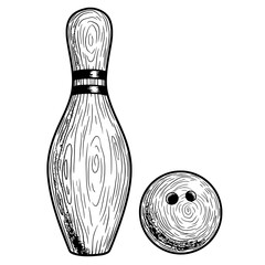 Bowling Pin and Ball: Classic monochrome artwork of a bowling pin and ball, capturing the essence of the game, perfect for sports and leisure themes.
