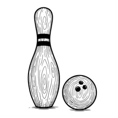 Striking the Perfect Balance: An ink illustration captures a bowling pin and ball, set against a neutral background. With artistic detail, this image is ideal for sports and leisure-themed projects.