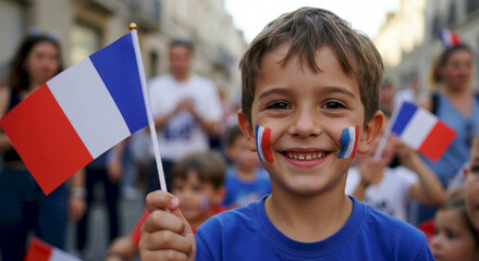 Smiling boy holding French flag with face paint during celebration