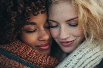 Obraz premium Two friends sharing a warm embrace in a cozy setting surrounded by nature, Two people embracing warmly, one with curly hair, other straight blond displaying affection