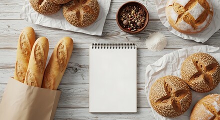 Artisan Breads and Blank Recipe Notebook on Rustic Wood