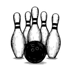 Bowling Pins and Ball: A detailed hand-drawn illustration of bowling pins standing in formation, with a bowling ball ready to strike. capturing a classic game element.