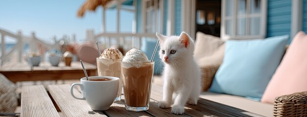 A playful white kitten stands on its hind legs, reaching for cream atop an ice cream sundae in a vibrant beach cafe