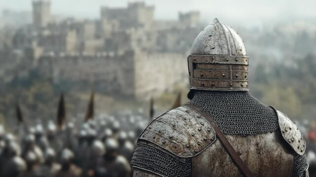 Medieval commander in chainmail armor observes his army before a castle siege. War, honor, leadership, courage. Ideal for epic movie scenes, historical documentaries, and fantasy video games.