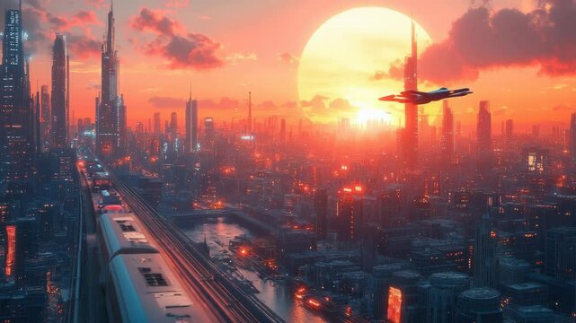 Futuristic city skyline with flying cars and a monorail train at sunset. Future, technology, innovation, sci-fi. Ideal for technology videos, cinematic intros, and concepts of urban progress.