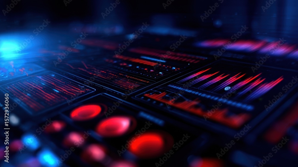 Poster futuristic digital interface displaying vibrant data visualizations and analytics in a tech environm