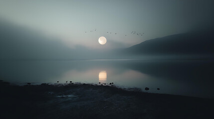Misty Moonlit Lake: Serene Silhouettes and Tranquil Reflections in Nature's Twilit Beauty