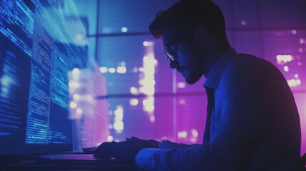 Programmer analyzing code on a modern digital interface at night in the city