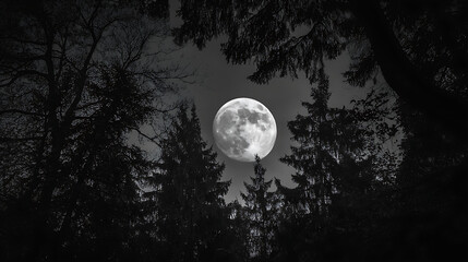 Moonlit Forest Night Sky: Black and White Atmospheric Photography of Serene Nature Wilderness with Full Moon and Starry Beauty