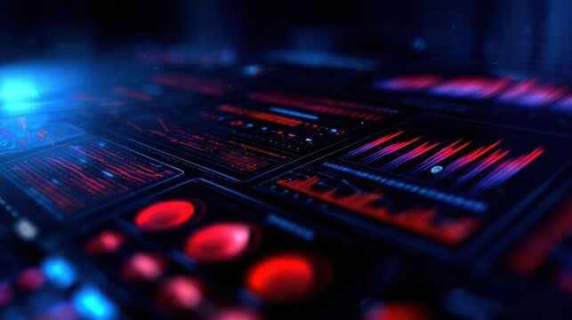 Futuristic digital interface displaying vibrant data visualizations and analytics in a tech environment