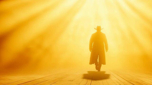 Silhouette of a lone cowboy walking into a dusty, golden light on a wooden stage. Western, mystery, stranger, showdown. Ideal for cinematic movie trailers, book covers, and epic storytelling.