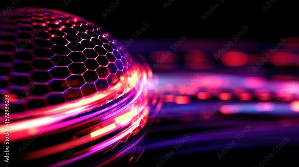 Poster abstract close-up of a vibrant microphone mesh with colorful light trails in a dark setting