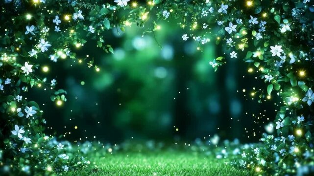 Magical forest clearing framed by flowers with sparkling fireflies falling like dust. Fantasy, enchantment, wonder, serene. Ideal for wedding backgrounds, fantasy storytelling, and meditation videos.