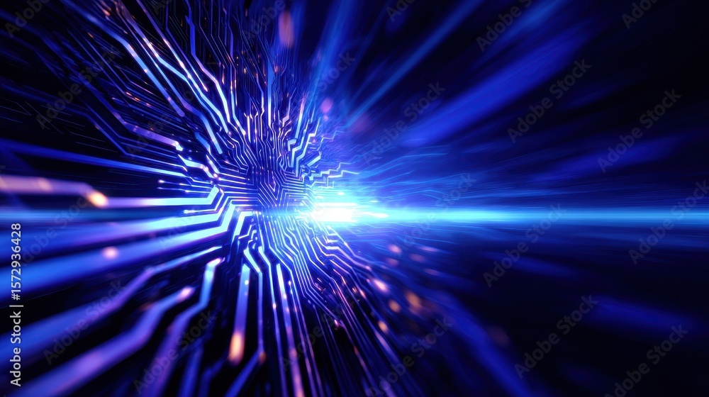 Poster abstract representation of digital technology with vibrant blue light and intricate circuitry patter