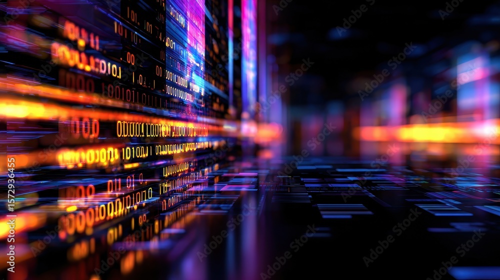 Poster abstract digital landscape with vibrant glowing lines and reflections creating a futuristic atmosphe