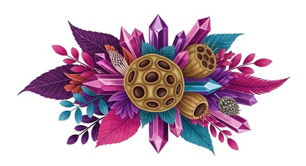 Vibrant Crystal and Lotus Pod Floral Illustration