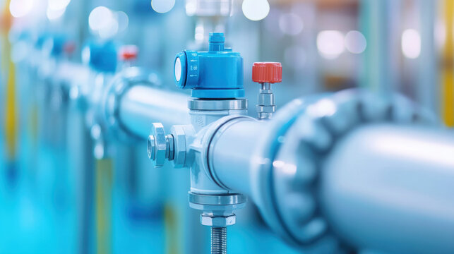 Automated valves controlling water flow in a piping system.