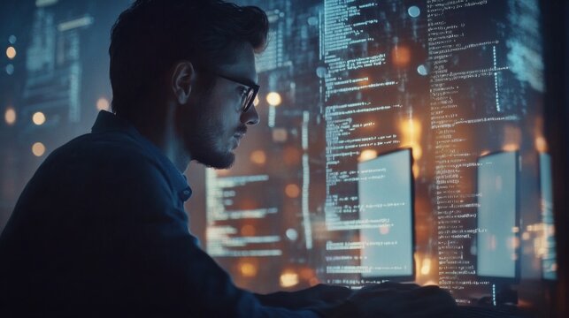 Focused programmer coding late into the night with digital code overlay - Powered by Adobe