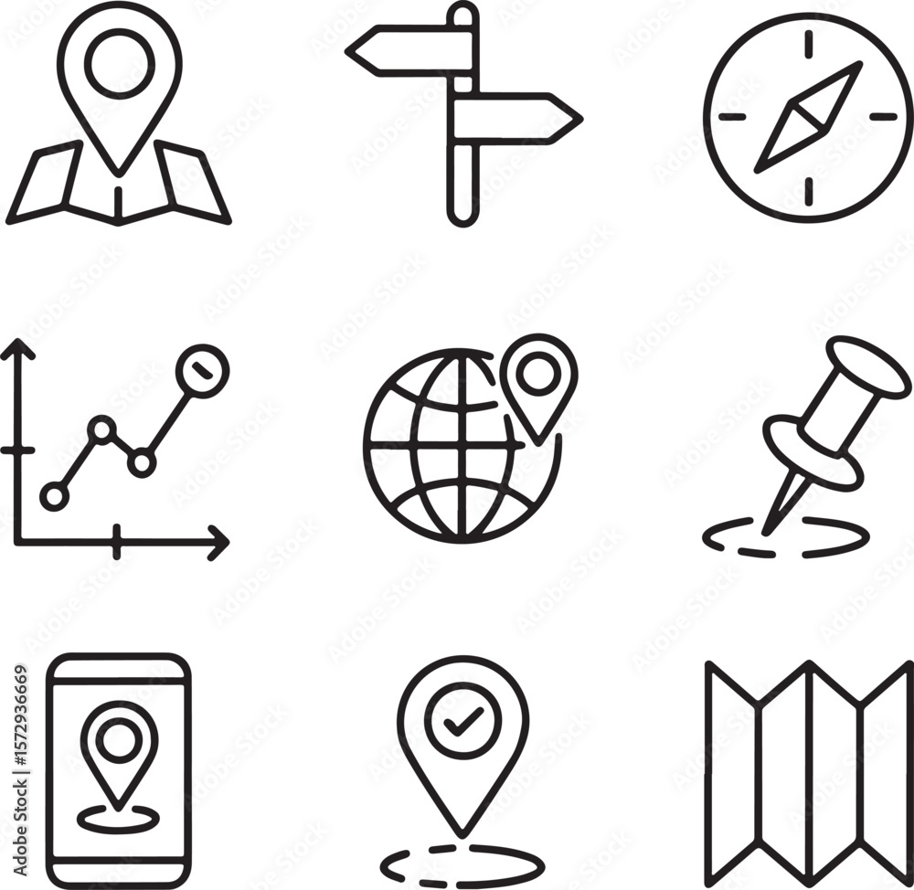 Poster assortment of wayfinding and location based graphics depicting navigation, direction, destination an