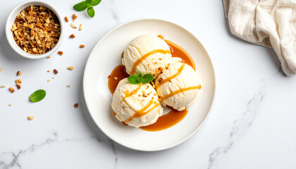 Delicious vanilla ice cream topped with caramel sauce and nuts, perfect for a refreshing dessert.