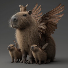 Whimsical Capybara Family with Wings: A Fantasy Illustration in Vibrant Colors
