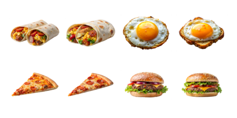 An assortment of fast food items including burritos, fried eggs, pizza slices, and burgers are displayed against a transparent background
