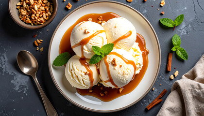Delicious vanilla ice cream topped with caramel sauce, nuts, and mint leaves on a rustic table.