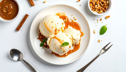 Indulge in creamy vanilla ice cream topped with rich caramel sauce, chopped nuts, and a hint of mint for freshness.
