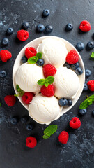 Delicious white ice cream scoops adorned with fresh raspberries and blueberries, garnished with mint leaves.