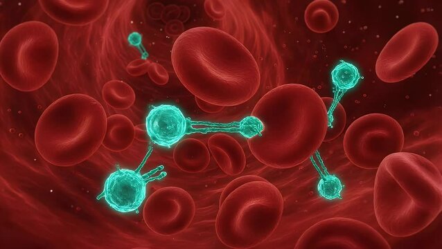 Nanobots interacting with red blood cells in a blood vessel