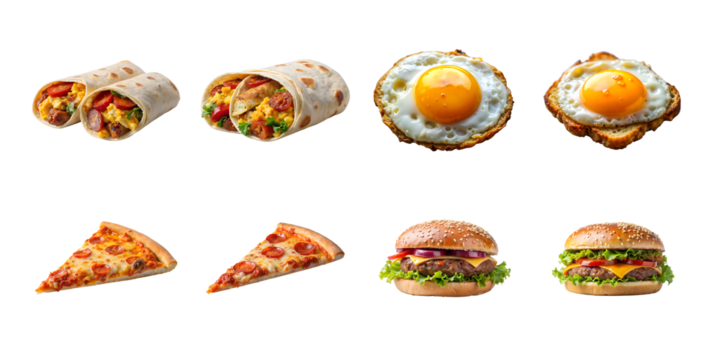 An assortment of fast food items including burritos, fried eggs, pizza slices, and burgers are displayed against a transparent background - Powered by Adobe