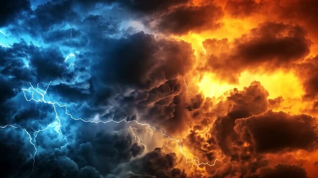 Dramatic clash of storm clouds with lightning