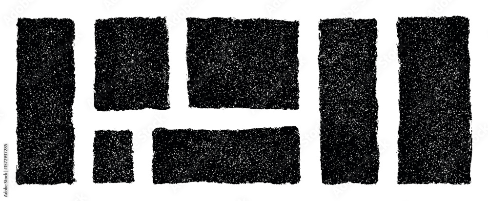 Poster black grunge rectangles and squares with rough grain texture on transparent background. crayon drawn