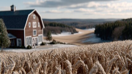 Chickens peck at grain as two dogs frolic nearby, set against a red barn and a vibrant sunset casting shadows across the landscape