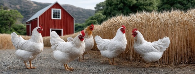 Chickens peck at grain as two dogs frolic nearby, set against a red barn and a vibrant sunset casting shadows across the landscape