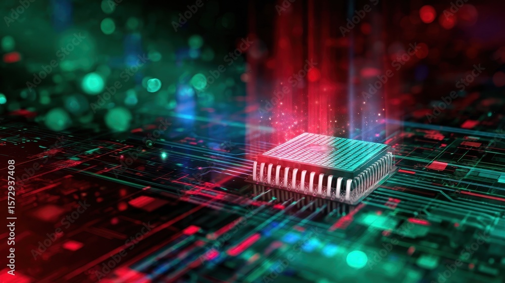 Poster abstract representation of a microchip emitting light in a futuristic digital environment