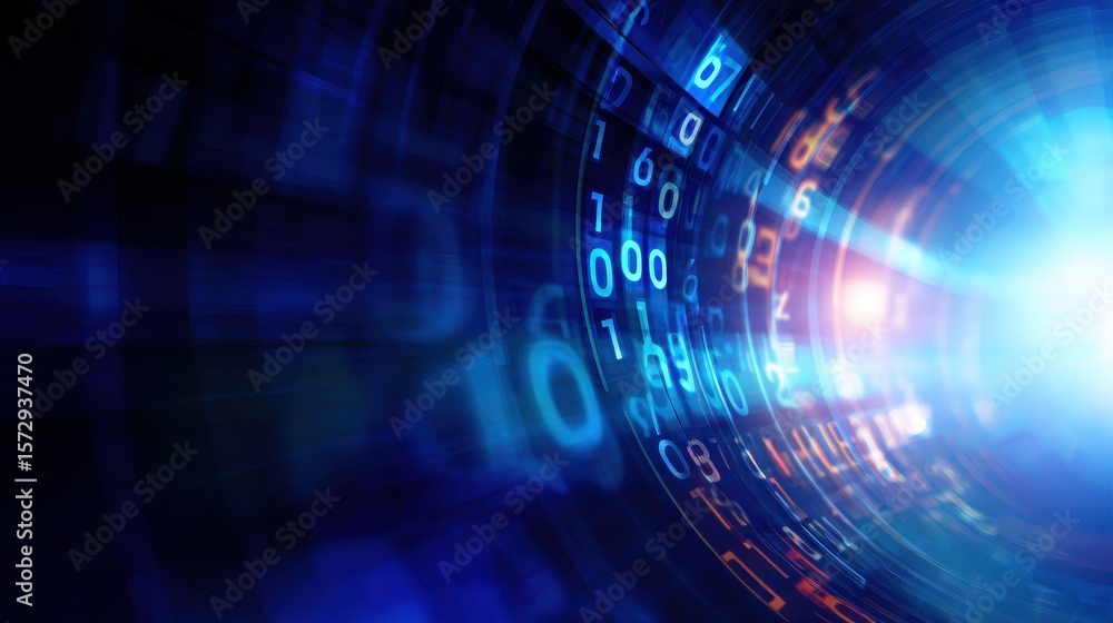 Fototapete Abstract representation of digital data flow with glowing binary numbers and light effects
