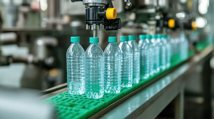 Clear plastic bottles lined up for filling at a production facility.