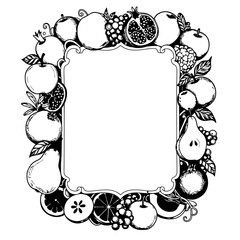 Orchard Frame: An inviting hand-drawn illustration frames a blank space, adorned with a bountiful arrangement of various fruits, symbolizing abundance and the refreshing goodness of nature.