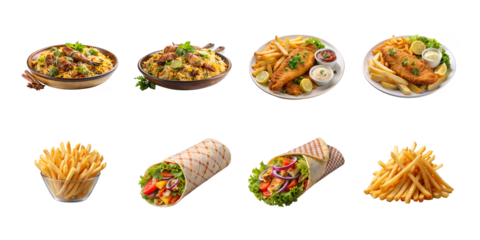 A tempting assortment of dishes including fries, fish and chips, wraps, and biryani are showcased on a white backdrop isolated on transparent background