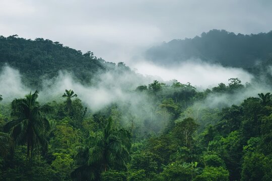 Discovering dense rainforest fog covering lush greenery at midday, Rainforest foggy dense with lush green trees  Photo