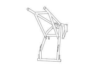 Motocross Dirtbike Frame Wireframe: Precision technical drawing of a robust, high-performance off-road racing bike's skeletal structure. Essential clean line art blueprint for engineering,